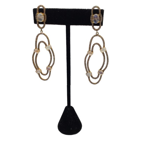 Moonstone / Pave Diamond Studded Gold Plated Drop Earrings - Picture 1 of 4